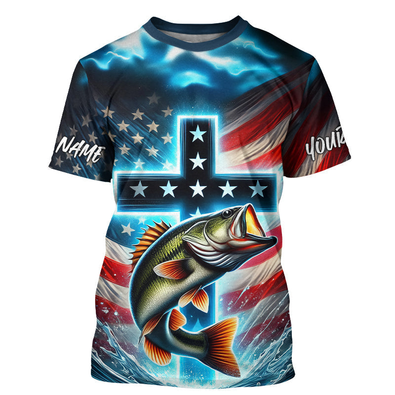 Custom Faith Largemouth Bass Patriotic Tournament Fishing T-Shirts, Bass Fishing Jersey IPHW8082