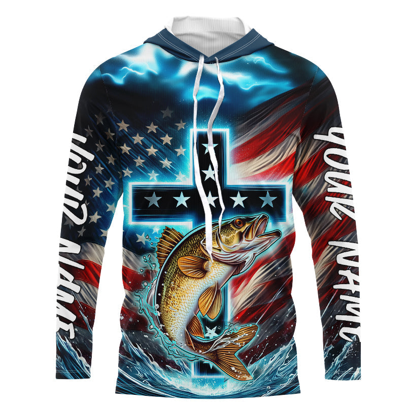 Custom Faith Walleye Patriotic Long Sleeve Hooded Tournament Fishing Shirt, Walleye Fishing Jersey IPHW8083