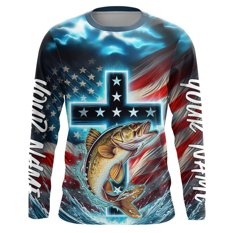 Custom Faith Walleye Patriotic Long Sleeve Tournament Fishing Shirt, Walleye Fishing Jersey IPHW8083