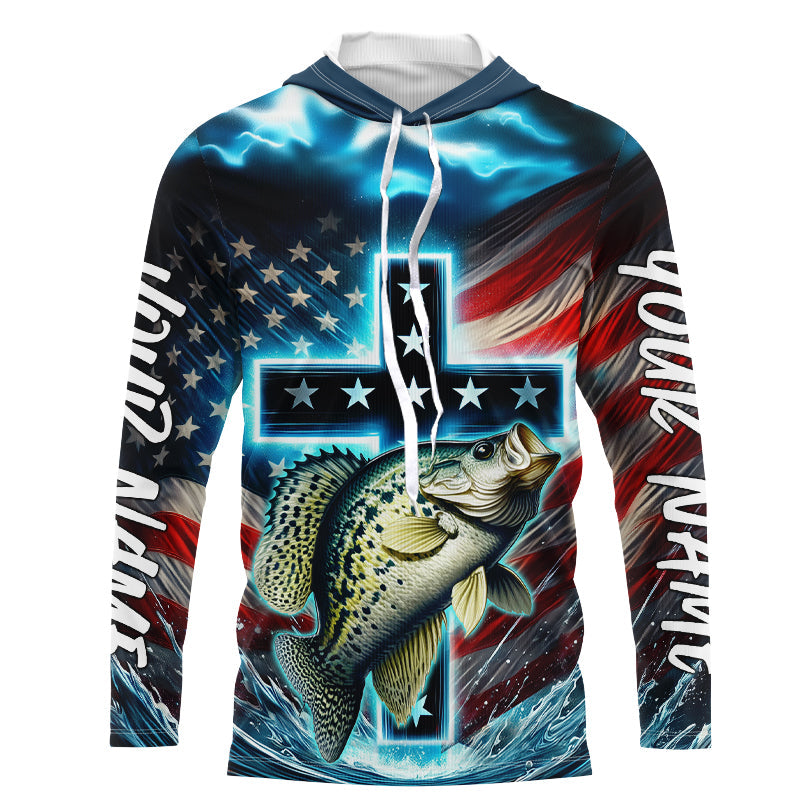 Custom Faith Crappie Patriotic Long Sleeve Hooded Tournament Fishing Shirt, Crappie Fishing Jersey IPHW8084