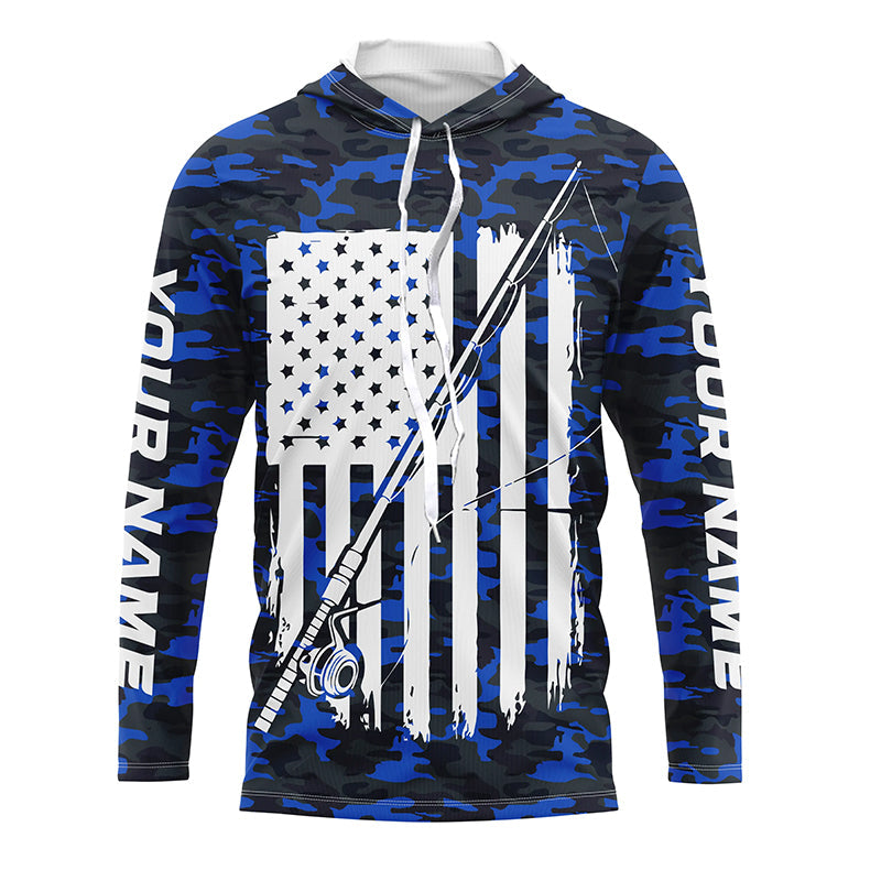 Blue Camo Us Fishing Rod American Flag Custom Patriotic Long Sleeve Fishing Shirts Fishing Gifts IPHW7353