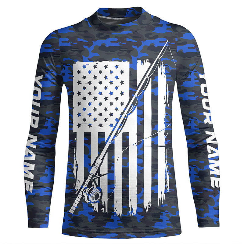 Blue Camo Us Fishing Rod American Flag Custom Patriotic Long Sleeve Fishing Shirts Fishing Gifts IPHW7353