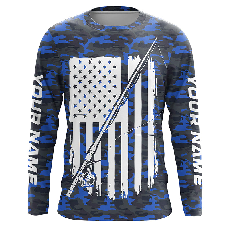 Blue Camo Us Fishing Rod American Flag Custom Patriotic Long Sleeve Fishing Shirts Fishing Gifts IPHW7353