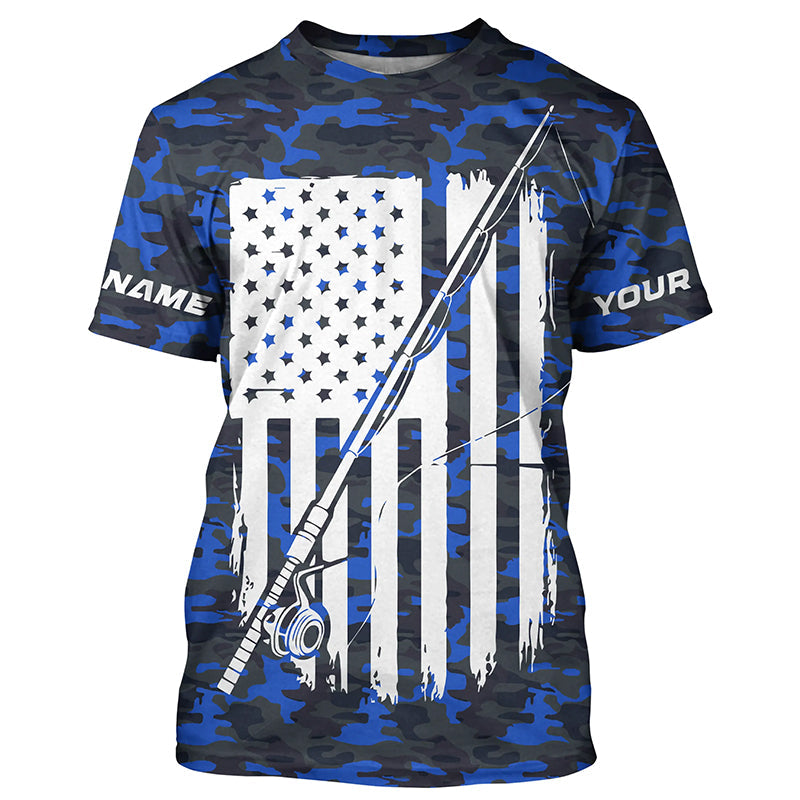 Blue Camo Us Fishing Rod American Flag Custom Patriotic Long Sleeve Fishing Shirts Fishing Gifts IPHW7353