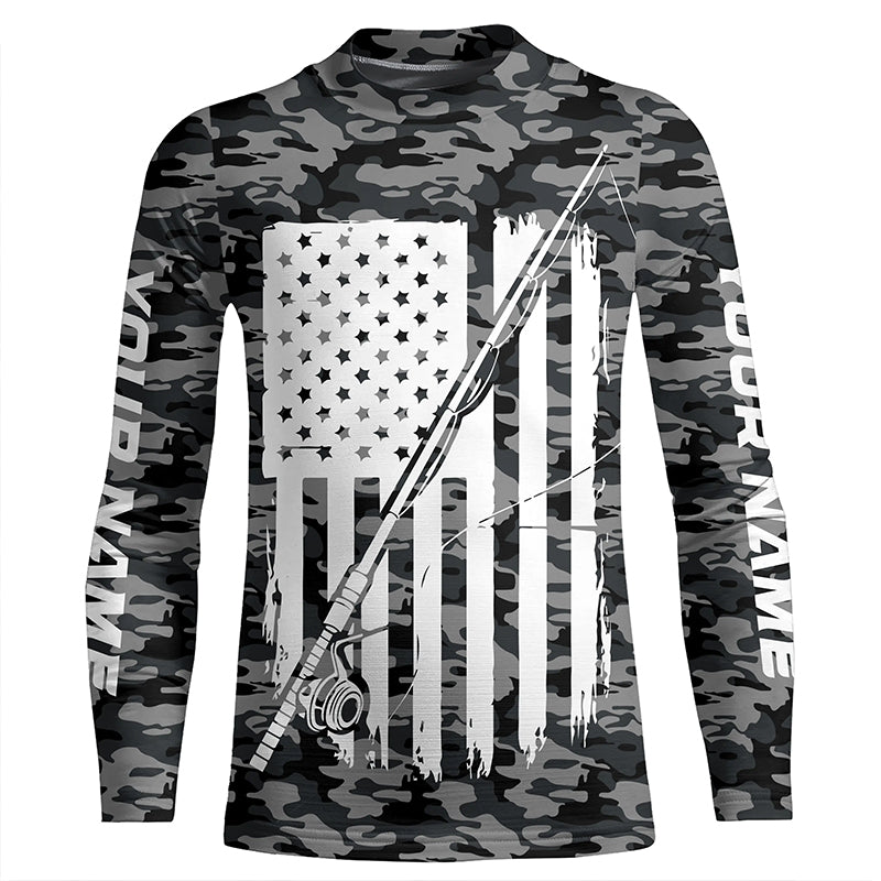 Gray Camo Us Fishing Rod American Flag Custom Patriotic Long Sleeve Fishing Shirts Fishing Gifts IPHW7354