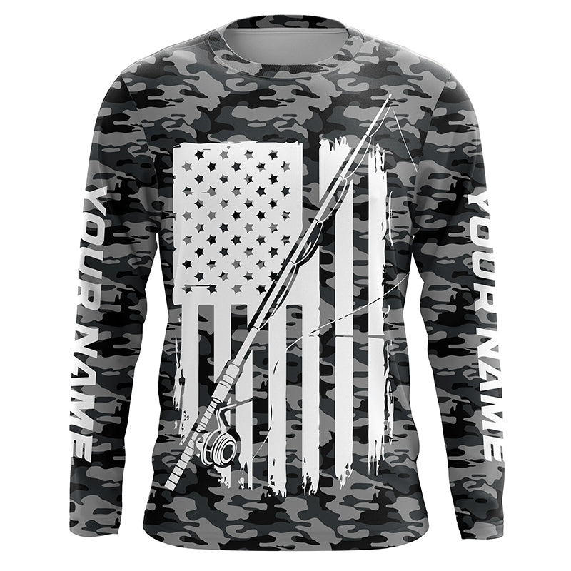 Gray Camo Us Fishing Rod American Flag Custom Patriotic Long Sleeve Fishing Shirts Fishing Gifts IPHW7354