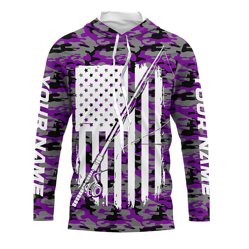 Purple Camo Us Fishing Rod American Flag Custom Patriotic Long Sleeve Fishing Shirts Fishing Gifts IPHW7355