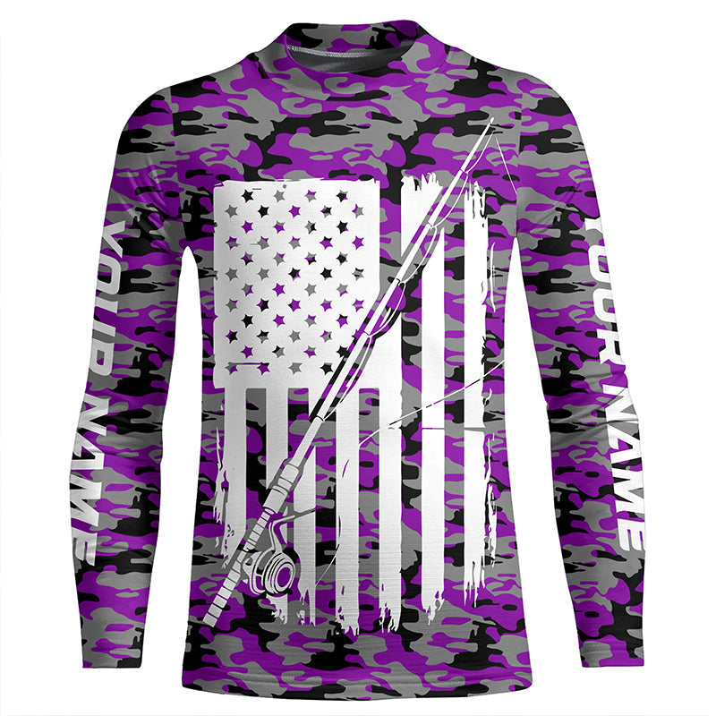 Purple Camo Us Fishing Rod American Flag Custom Patriotic Long Sleeve Fishing Shirts Fishing Gifts IPHW7355