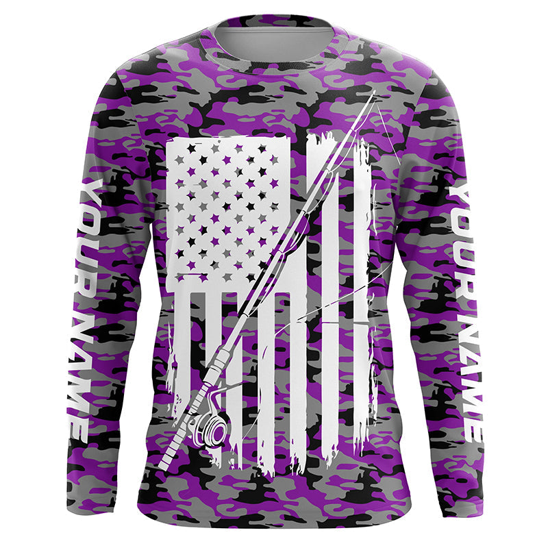 Purple Camo Us Fishing Rod American Flag Custom Patriotic Long Sleeve Fishing Shirts Fishing Gifts IPHW7355