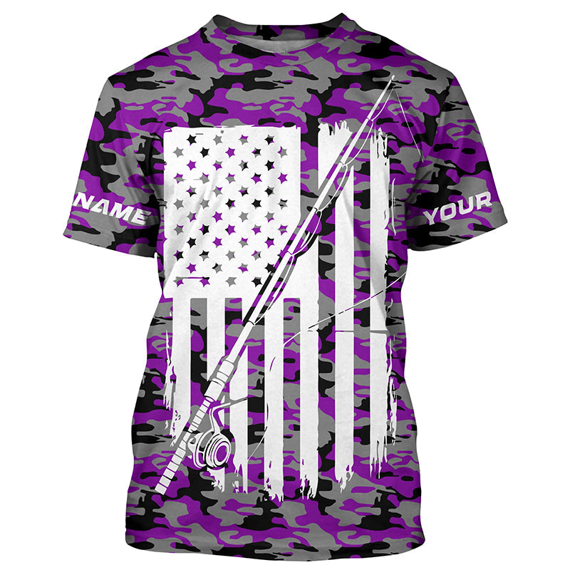 Purple Camo Us Fishing Rod American Flag Custom Patriotic Long Sleeve Fishing Shirts Fishing Gifts IPHW7355