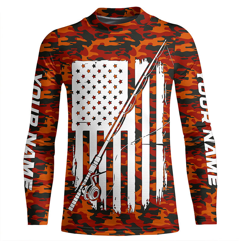 Orange Camo Us Fishing Rod American Flag Custom Patriotic Long Sleeve Fishing Shirts Fishing Gifts IPHW7356