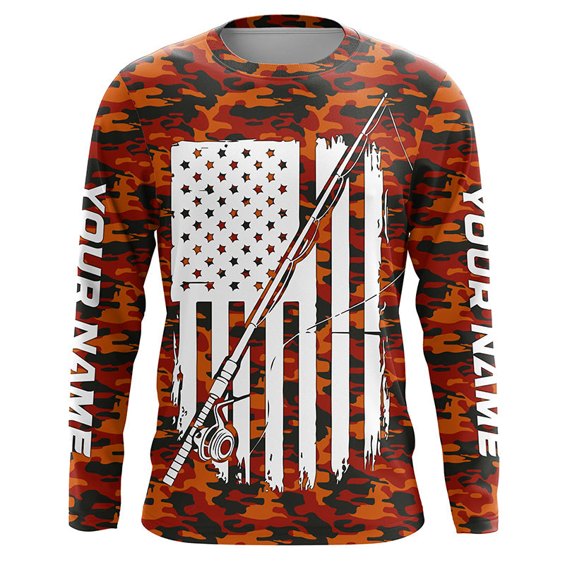 Orange Camo Us Fishing Rod American Flag Custom Patriotic Long Sleeve Fishing Shirts Fishing Gifts IPHW7356