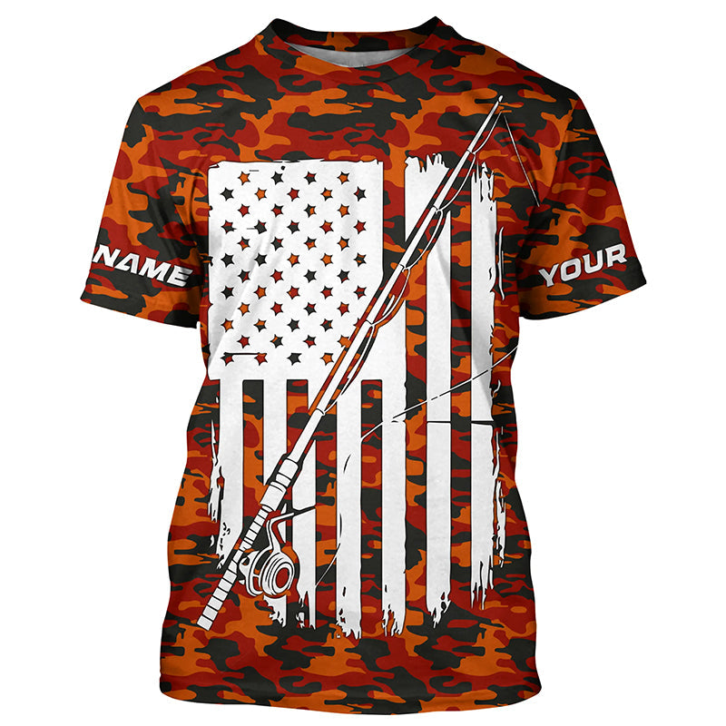 Orange Camo Us Fishing Rod American Flag Custom Patriotic Long Sleeve Fishing Shirts Fishing Gifts IPHW7356