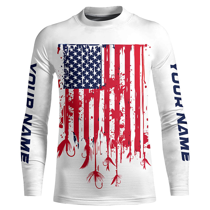 Us Fly Fishing Lures American Flag Custom Patriotic Long Sleeve Fishing Shirts, Flyfishing Shirt IPHW7361