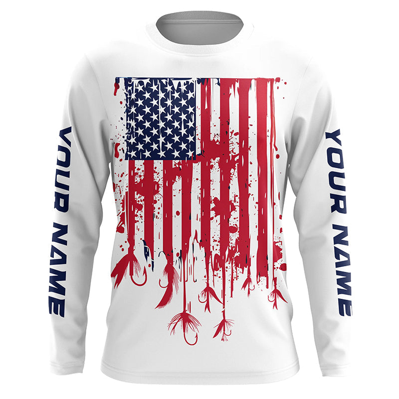 Us Fly Fishing Lures American Flag Custom Patriotic Long Sleeve Fishing Shirts, Flyfishing Shirt IPHW7361