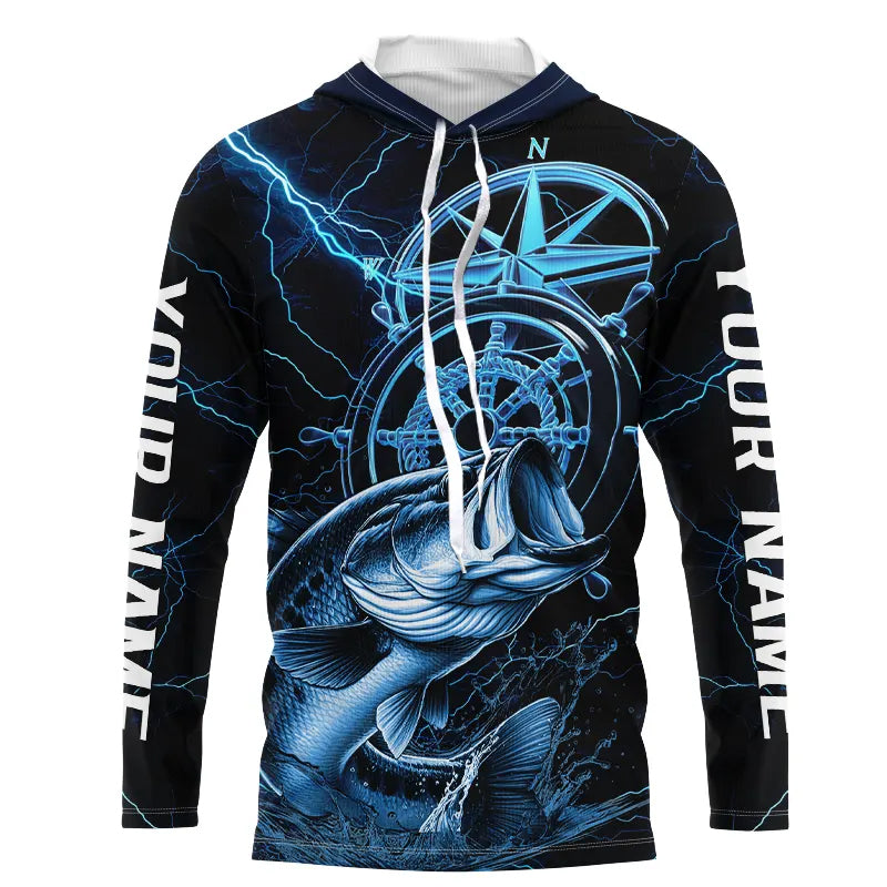 Blue Thunder Lightning Custom Largemouth Bass Compass Long Sleeve Hooded Tournament Fishing Shirts IPHW8097