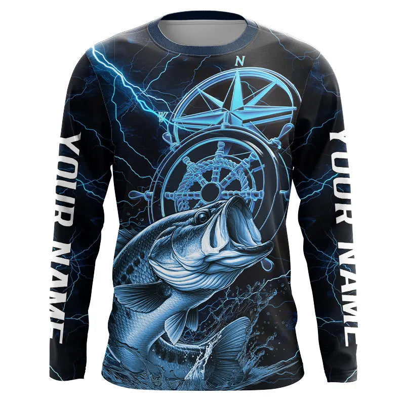 Blue Thunder Lightning Custom Largemouth Bass Compass Long Sleeve Tournament Fishing Shirts IPHW8097