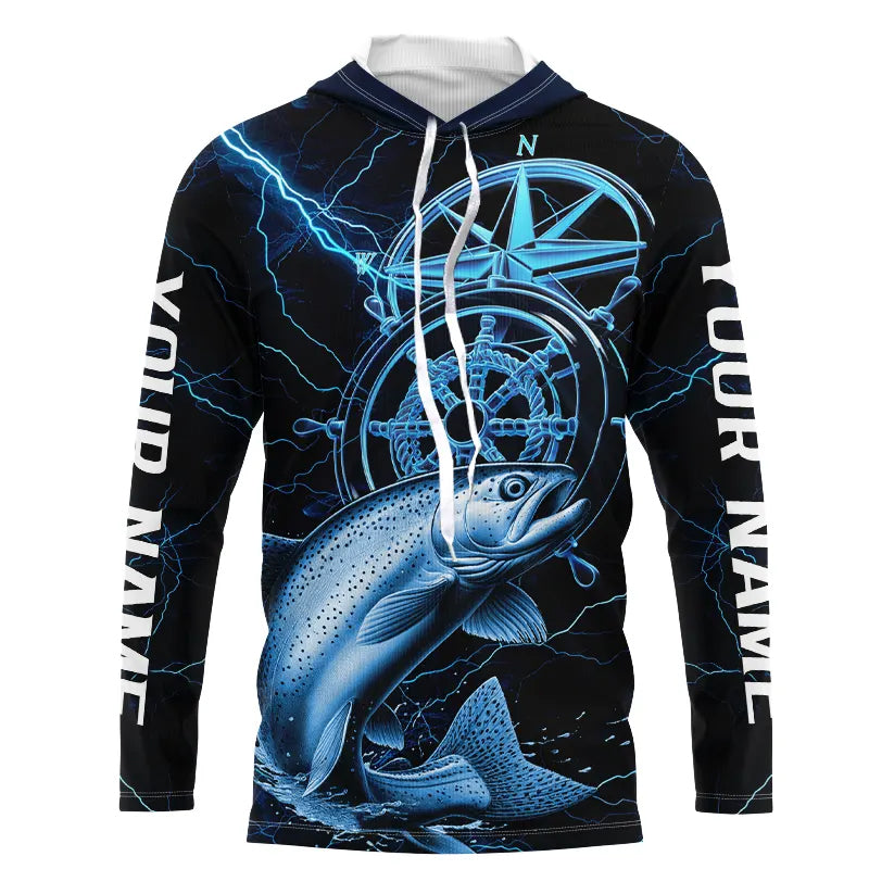 Blue Thunder Lightning Custom Chinook King Salmon Compass Long Sleeve Hooded Tournament Fishing Shirts IPHW8098