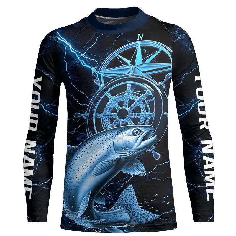 Blue Thunder Lightning Custom Chinook King Salmon Compass Kid Long Sleeve Tournament Fishing Shirts IPHW8098