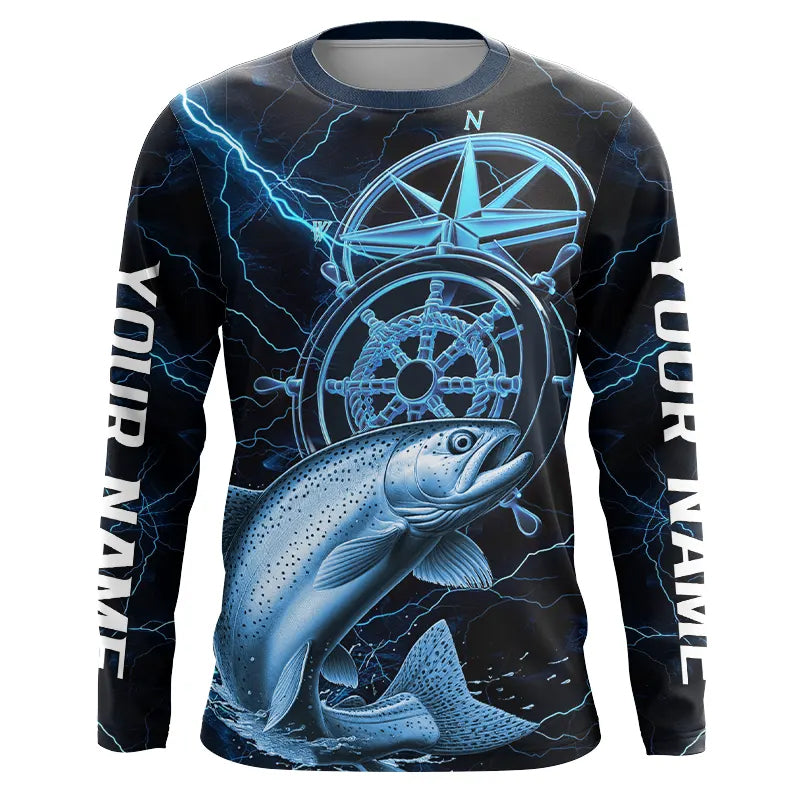 Blue Thunder Lightning Custom Chinook King Salmon Compass Long Sleeve Tournament Fishing Shirts IPHW8098