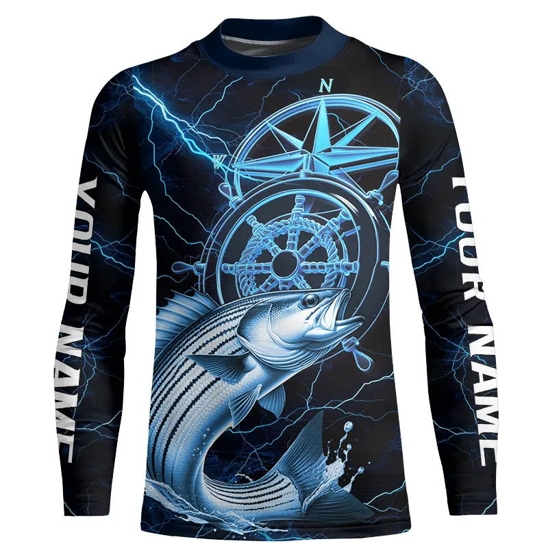 Blue Thunder Lightning Custom Striped Bass Compass Kid Long Sleeve Tournament Fishing Shirts IPHW8099