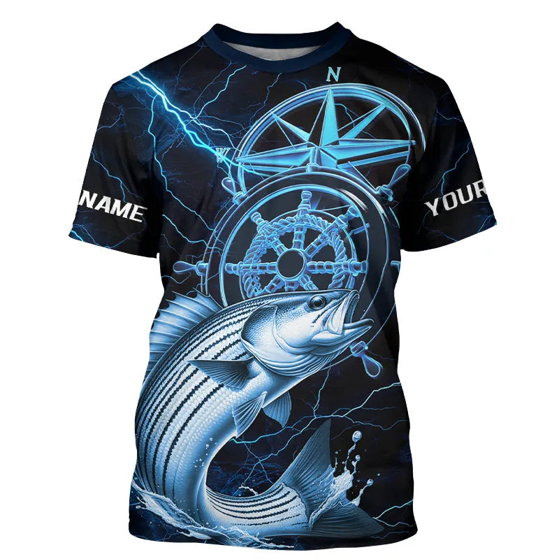 Blue Thunder Lightning Custom Striped Bass Compass Tournament Fishing T-Shirts IPHW8099