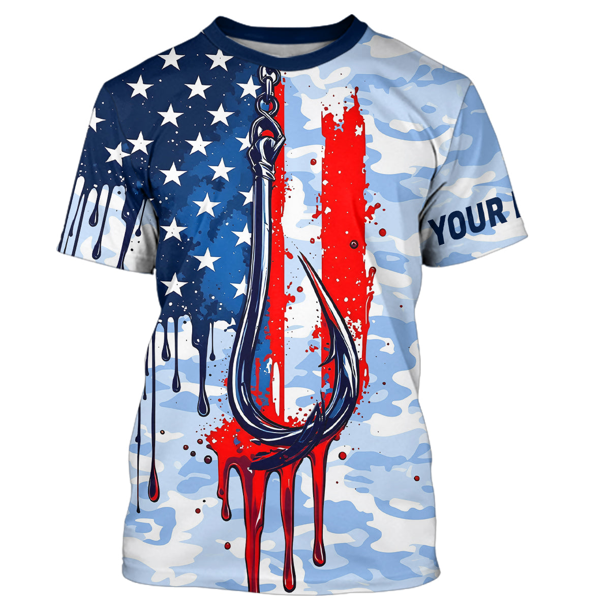 Blue Camo Dripping American Flag US Fish Hook Custom Patriotic Fishing T-Shirts IPHW7954