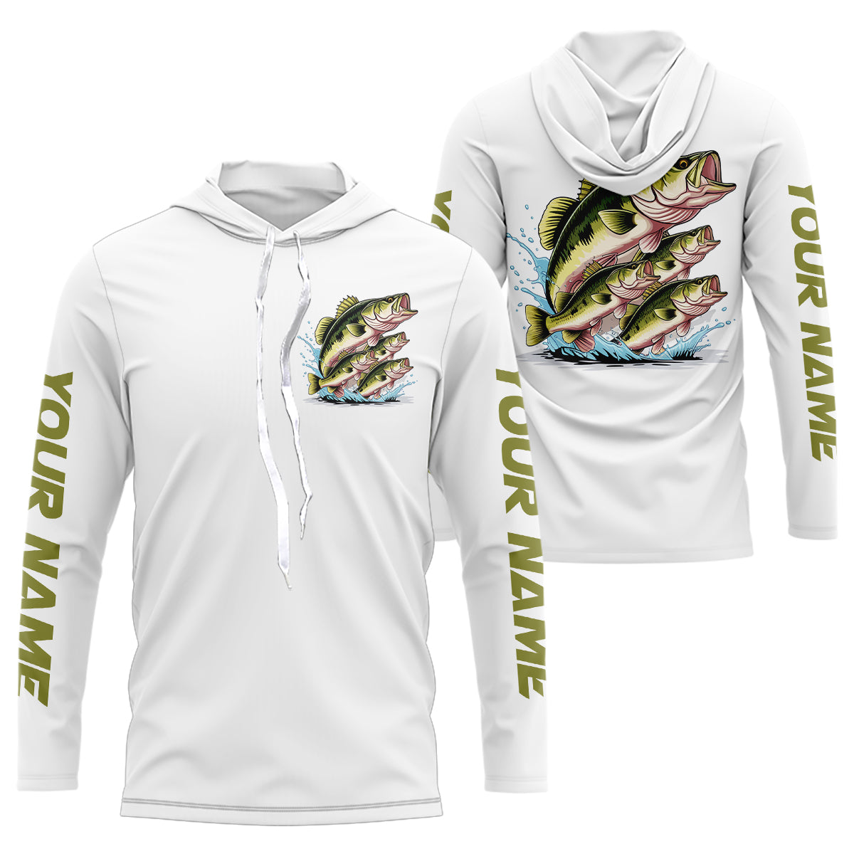 Largemouth Bass Fishes Custom Bass Long Sleeve Hooded Fishing Shirts, Bass Tournament Fishing Shirt IPHW7959