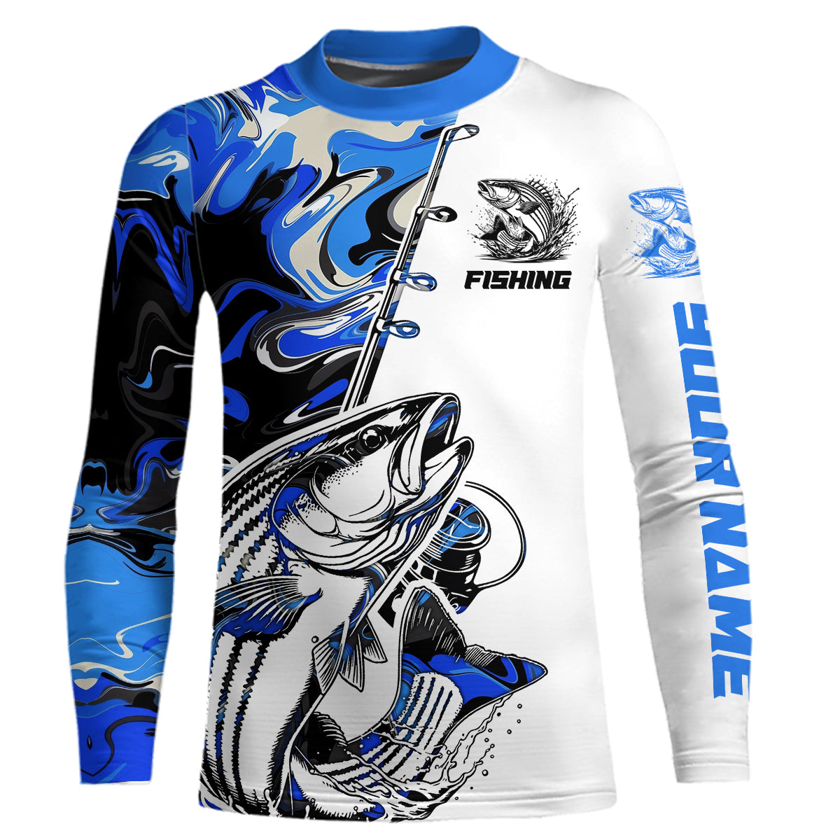 Personalized Striped Bass Fishing Blue Camo Kid Long Sleeve Fishing Shirts IPHW9128