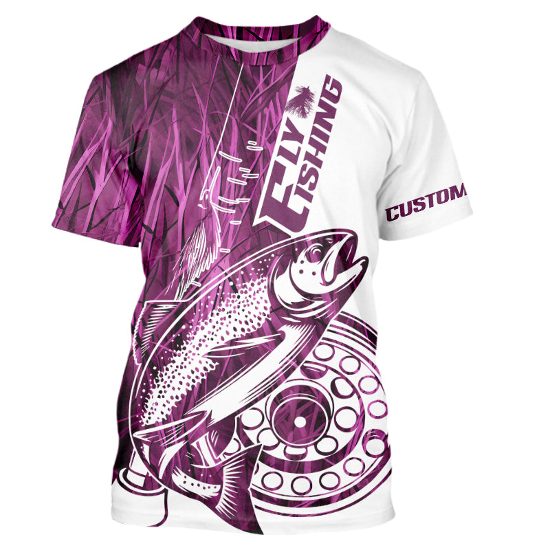 Custom Pink Grass Camo Trout Fly Fishing T-Shirts, Fly Reel Fishing T-Shirt IPHW9120