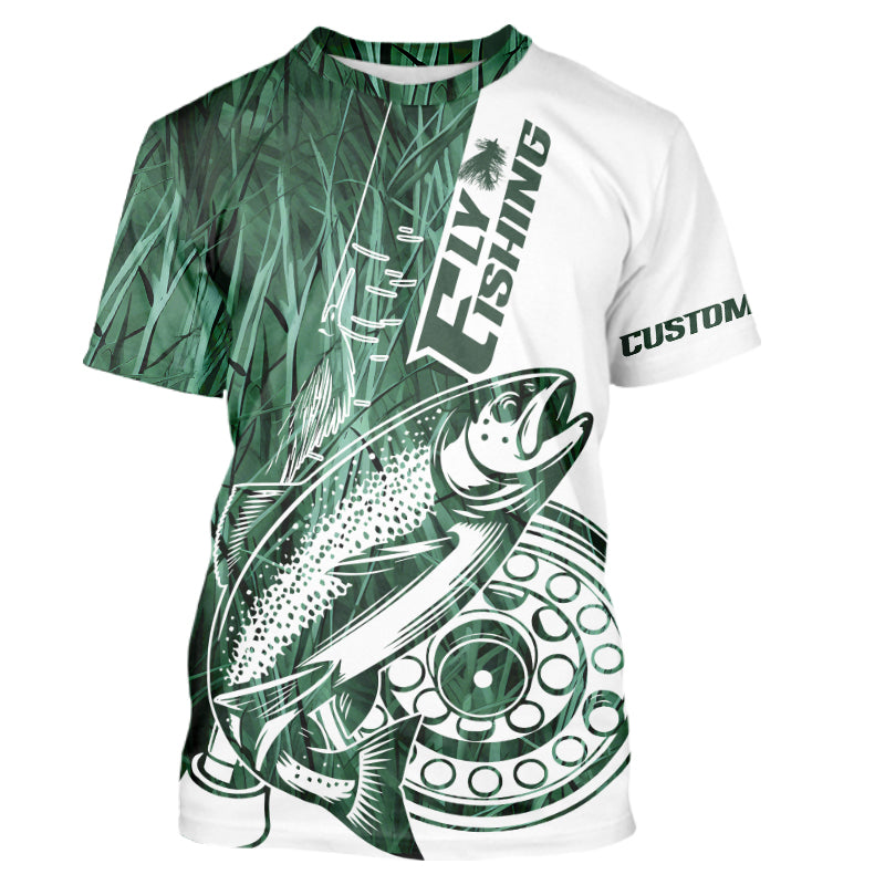 Custom Green Grass Camo Trout Fly Fishing T-Shirts, Fly Reel Fishing T-Shirt IPHW9121
