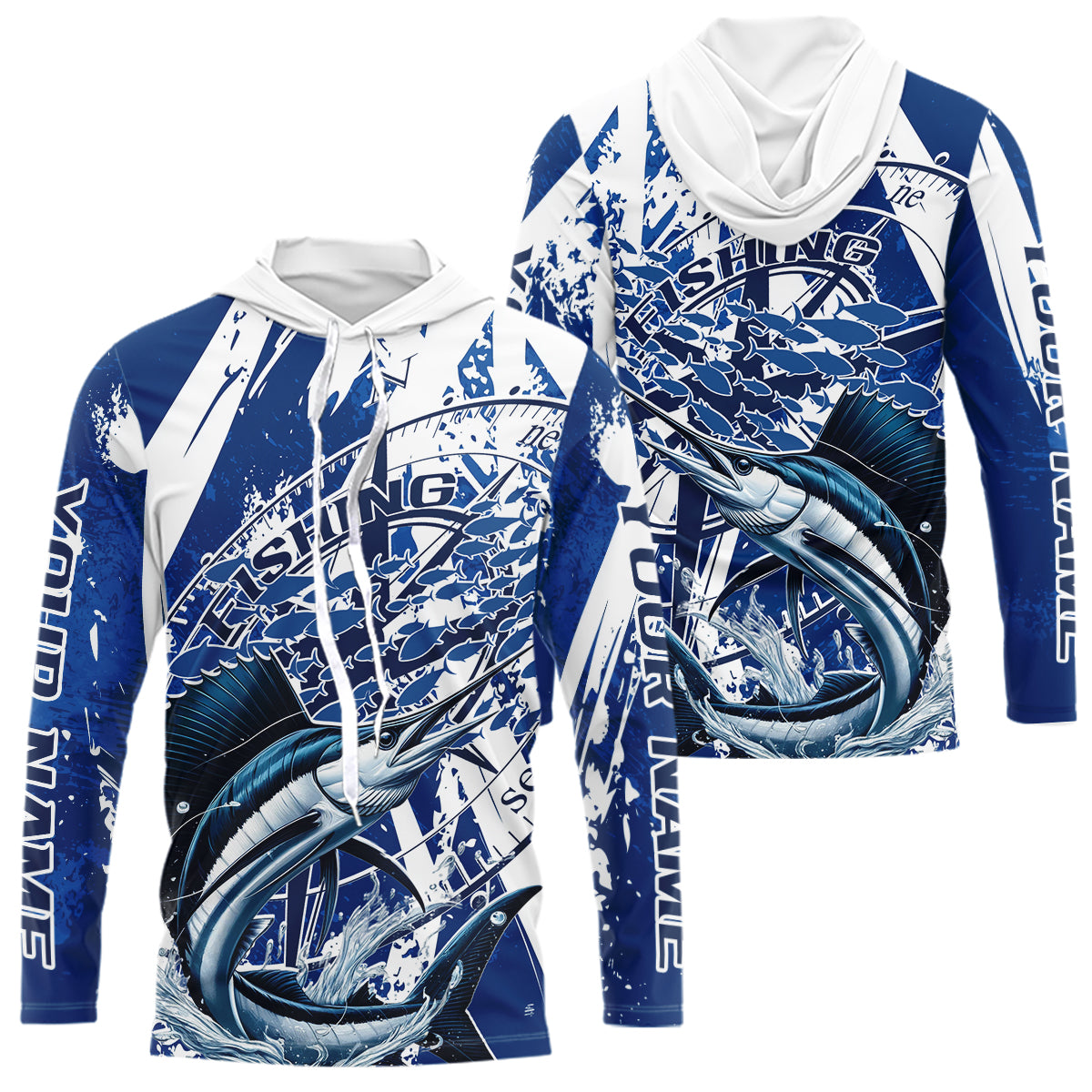 Custom Blue Camo Sailfish Saltwater Fishing Long Sleeve Hooded Performance Fishing Shirts IPHW9158
