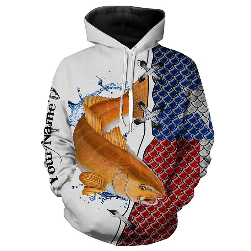 Redfish puppy drum fishing Texas flag patriotic 4th July Customize name 3D fishing hoodie NPQ443