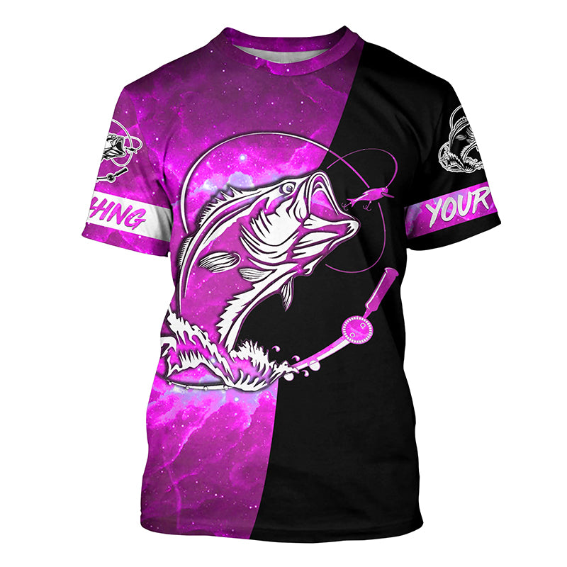 Bass Fishing tattoo pink galaxy black Custom performance UV protection Fishing T-shirt NQS5399