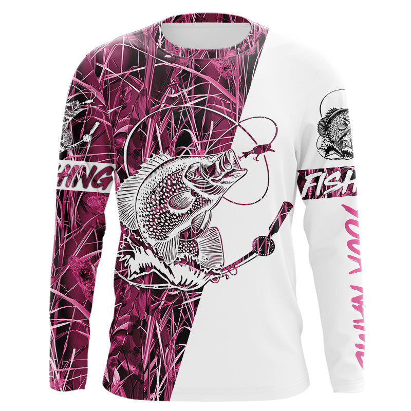 Crappie fishing tattoo pink camo Customize name 3D All Over Printed Long Sleeve fishing Shirts NPQ235