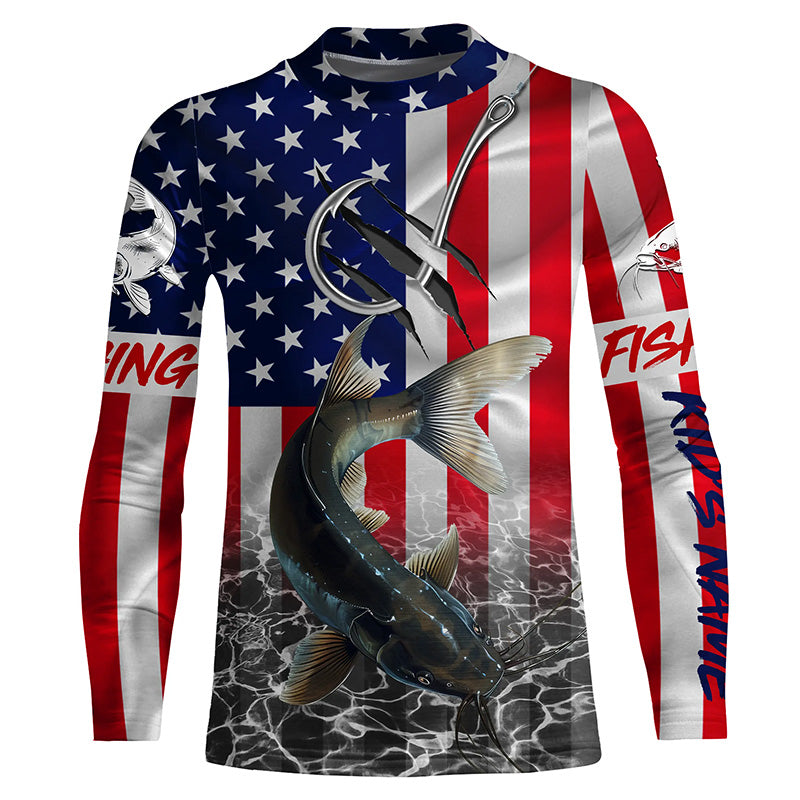 American Flag Catfish Fish hook Custom Kid long sleeve performance Fishing Shirts, Catfish jerseys NQS5535