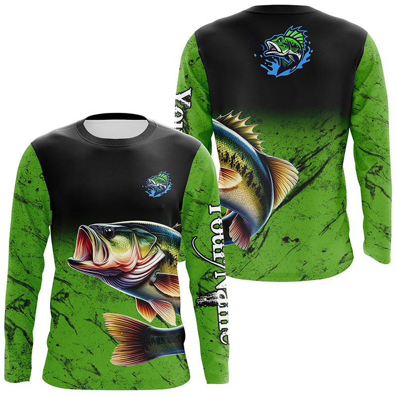 Custom green Largemouth Bass Fishing Jerseys, personalized bass fishing tournament Long sleeve shirt NQS5041