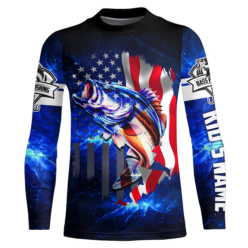 Bass Fishing 3D American blue galaxy patriotic fishing Custom long sleeves fishing shirt for kid NPQ7