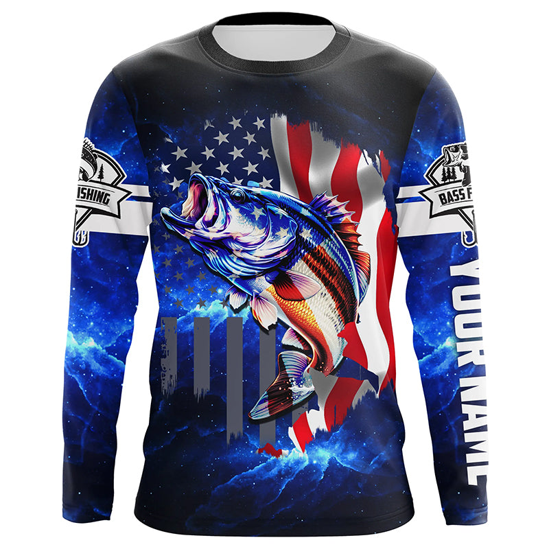 Bass Fishing 3D American patriotic fishing UV protection Custom name long sleeves UPF 30+ fishing shirt for men NPQ7