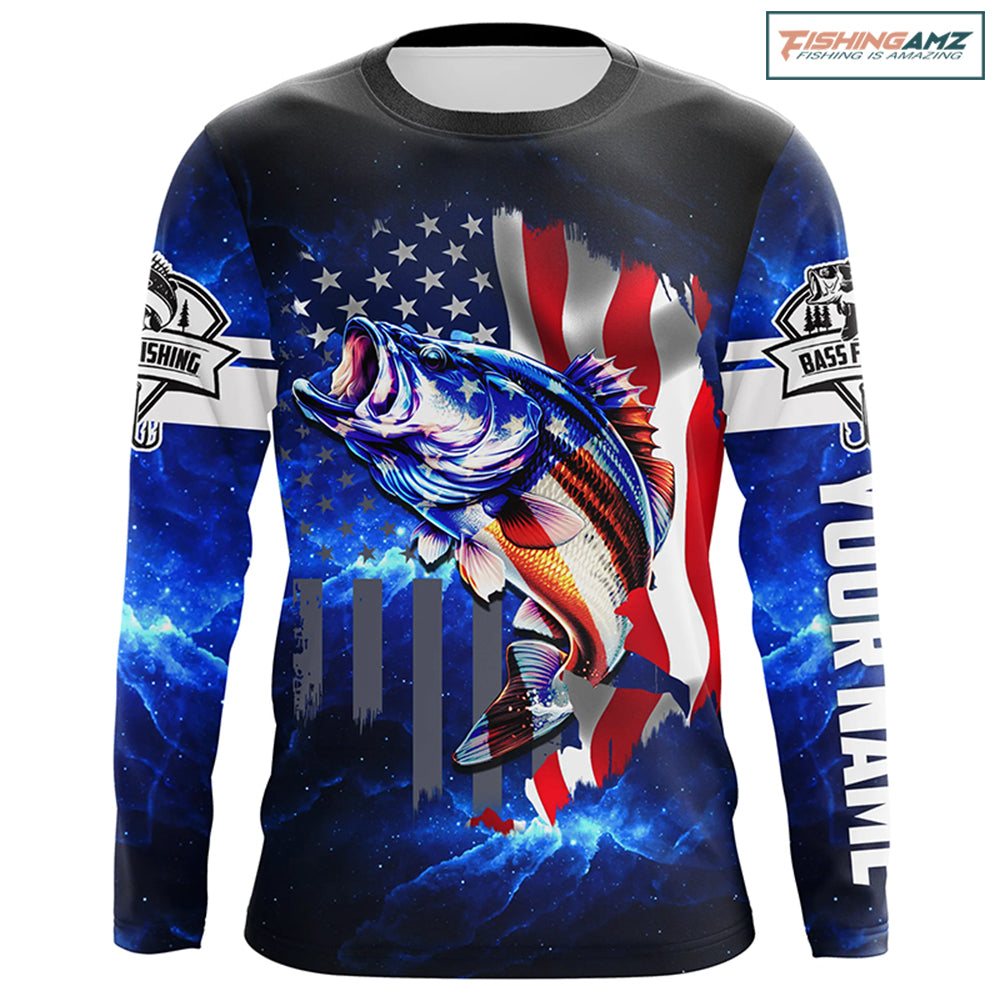 Bass Fishing 3D American Flag patriotic Customize Bass Long sleeve fishing jerseys NPQ211
