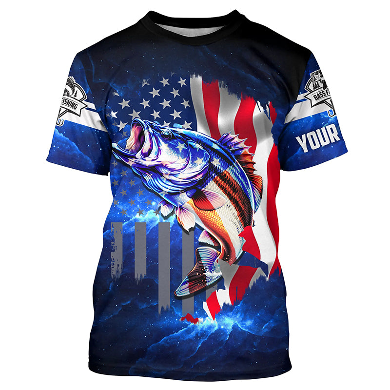 Bass Fishing 3D American blue galaxy patriotic fishing Customize Name fishing T-shirt NPQ7