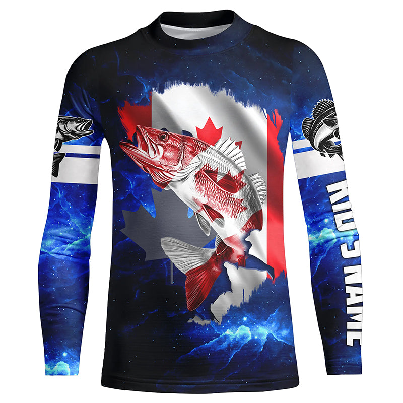 Canada Flag Walleye Fishing blue galaxy Custom name fishing jerseys | Kid Long Sleeves NPQ786