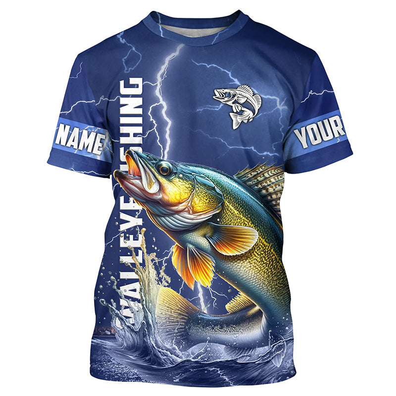 Walleye Fishing blue lightning jerseys custom name performance Fishing T-shirt NQS5352