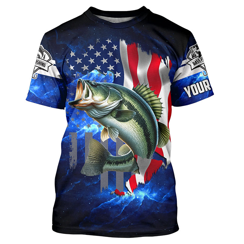 Bass Fishing 3D American Flag patriotic blue galaxy Custom UV protection Fishing T-shirt NQS5397