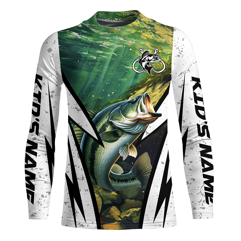 Personalized Largemouth Bass fishing white grunge long sleeve Fishing Shirts for kid NQS7114