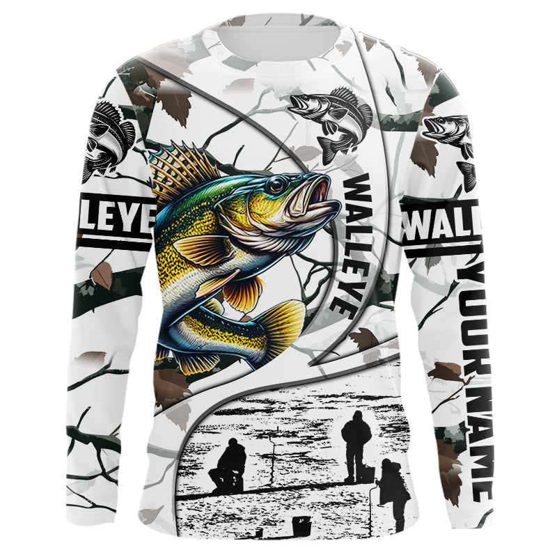 Ice fishing walleye winter camo ice fishing clothing Custom Long Sleeve Fishing Shirts, gift for fisherman NPQ442