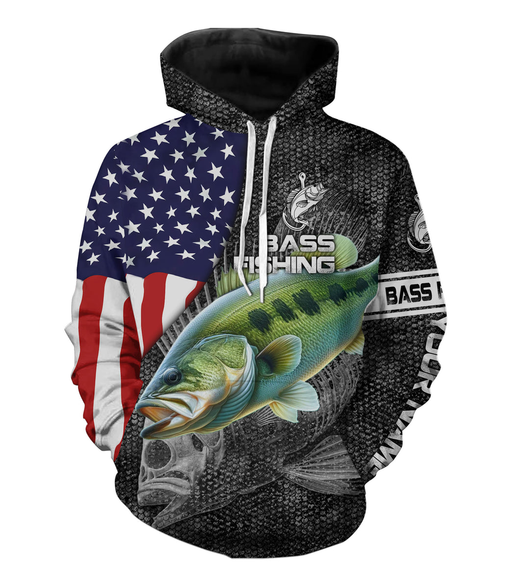 Largemouth Bass fishing American flag patriot Custom name fishing shirts jerseys  | Hoodie - NPQ872