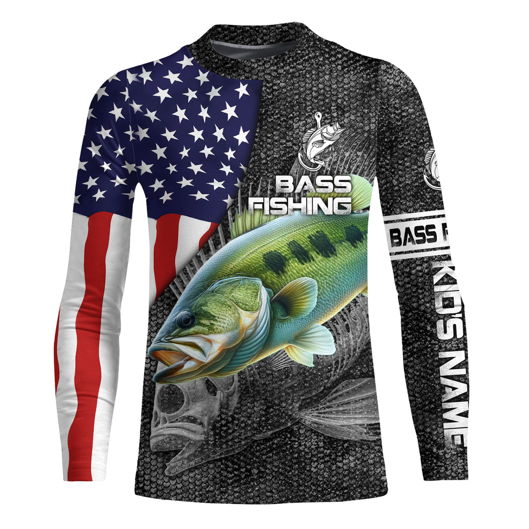 Largemouth Bass fishing American flag patriot Custom name fishing shirts jerseys | Kid Long Sleeves NPQ872