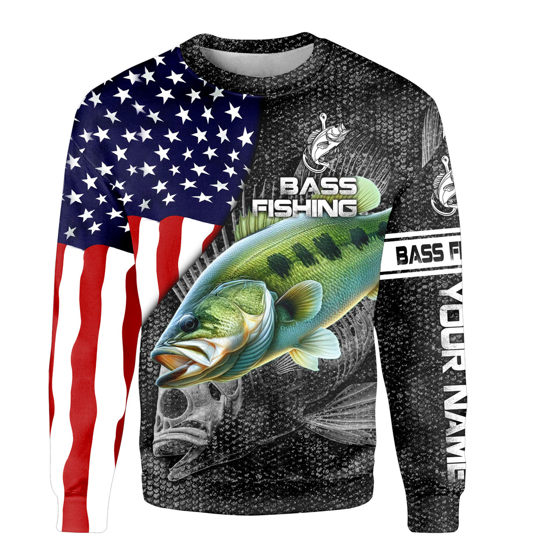 Largemouth Bass fishing American flag patriot Custom name fishing shirts jerseys | Sweatshirt - NPQ872