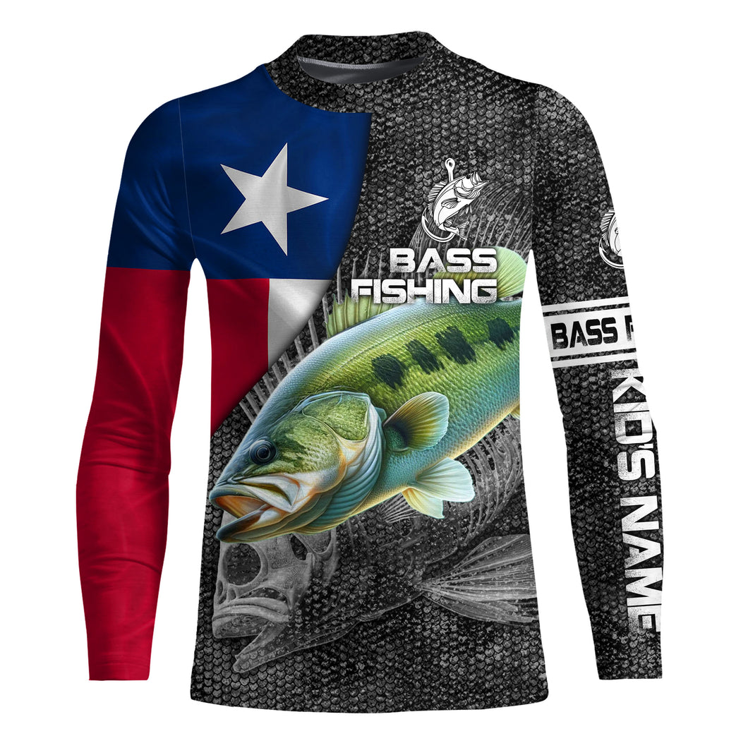 Texas Bass fishing Texas flag patriot Custom name fishing shirts jerseys | Kid Long Sleeves NPQ873